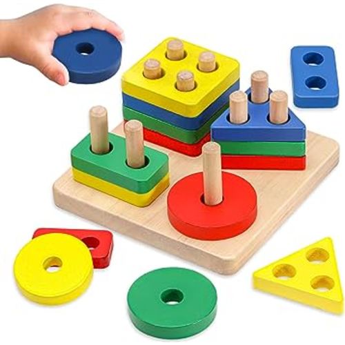 AZEN Montessori Toys for 1 2 3 Year Old Boys Girls, Sensory Toys for Toddlers 1-3, Wooden Sorting & Stacking Toys, Toddler Learning Shape Sorter Educational Toys