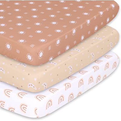 The Peanutshell Mini Crib Sheets Set for Pack & Play, Playard, Playpen, Mini Crib, 3 Pack, Boho Rainbow