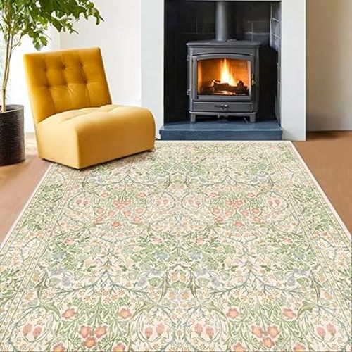 Light Beige Green Living Room Rug, 6x8 Washable Area Rug for Kids Room, Bedroom, Nursery Room, Living Room, Dining Room, Low Pile Non-Slip - Vintage Design & Stain Resistance