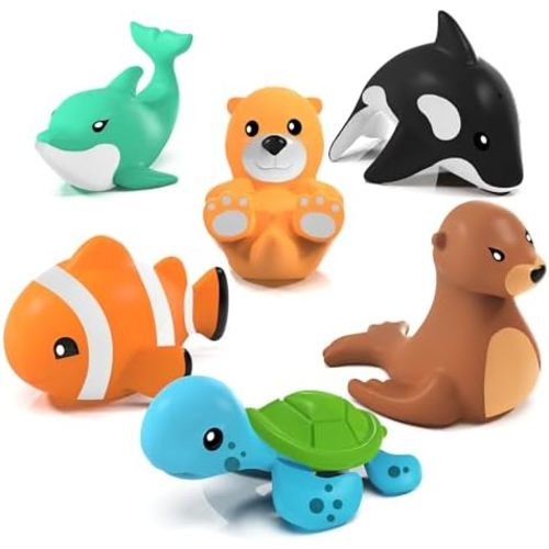 Tub Works® Marine™ Mold Free Bath Toys, 6 Pack | Sealed, No Hole Bath Toys Design Keeps Moisture Out | Soft, Squeezable & Float on Water | Easy-Grip Baby & Toddler Bath Toy Set | Great Baby Pool Toys