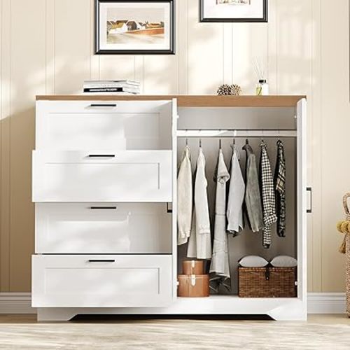 IDEALHOUSE 43.3'' H Armoire Wardrobe Closet with 4 Drawers and 2 Doors, Hanging Rod, Multifunctional Wooden Dresser with Storage Closet, Bathroom Cabinet for Bedroom, White
