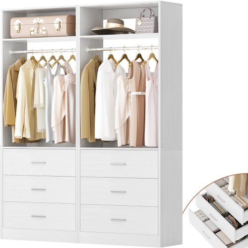 Kyrvo Freestanding Closet Sytem with 3 Wooden Drawers and Hanging Rod and Storage Shelf, Walk-in Closet Organizer Wardrobe