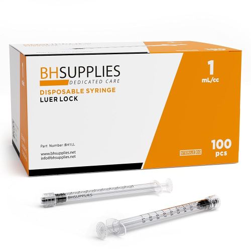BH Supplies 1ml Luer Lock Tip Syringes (No Needle) - Sterile, Individually Wrapped - 100 Syringes