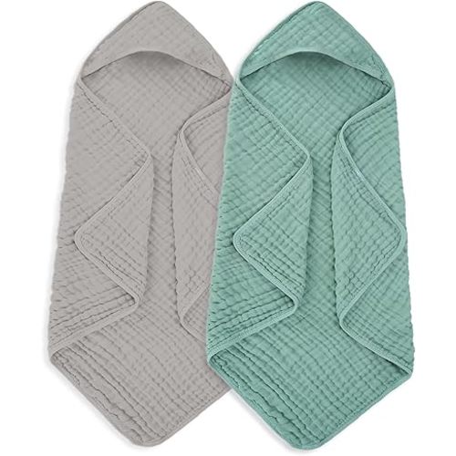 Muslin Hooded Baby Towels 100% Cotton ,Super Soft Muslin Baby Bath Towel - 32 x 32 Inches, Suitable for Newborn and Young Children up to 3 Years Old. (Grey & Green)
