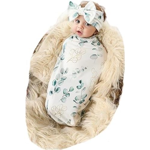 Galabloomer Receiving Blanket Headband Set Flower Print Baby Swaddle Receiving Blankets (Gold Leaf)