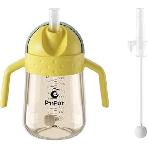 Piifur Weighted Straw Sippy Cup with Extra Straw Set, Spill Proof Water Bottle with Fixed Handle for Baby 6+ Months, 10 Ounce (Yellow)