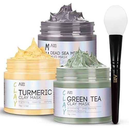 ANAI RUI Turmeric Clay Mask - Green Tea Clay Mask - Dead Sea Minerals Mud Mask, Spa Facial Mask Set, Face Mask Gift Set 2.5 oz each