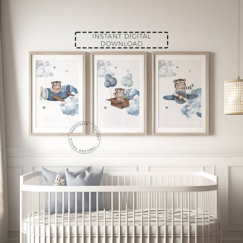 Teddy Bear Airplane Nursery Prints Set of 3 | Blue Brown Nursery Decor |New Baby Boy Gift | Bear Balloon Nursery Wall Art | Digital Download