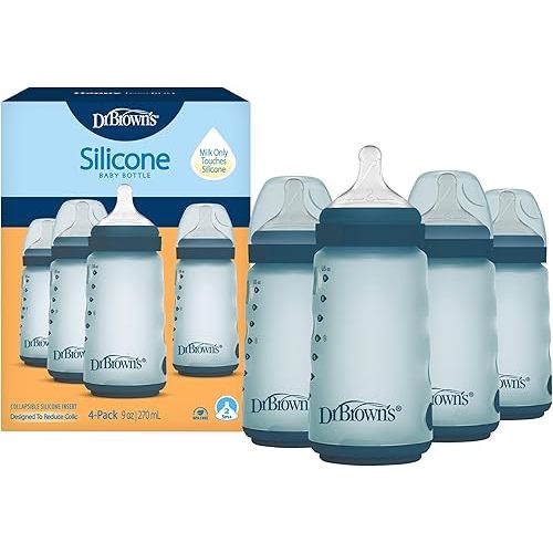 Dr. Brown's Silicone Baby Bottle with Collapsible Insert Designed to Reduce Colic, 9 oz with Wide-Neck Level 2 Medium Flow Nipple, 3m+, Blue, 4-Pack