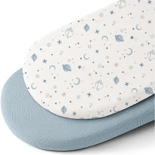 Konssy 2 Pack Muslin Fitted Bassinet Sheets for Baby Girl Boy, Soft Breathable Baby Bassinet Sheets Fit for Baby Bassinets, Cradle, Moses Basket Oval Rectangle Pad/Mattress (Star,Blue)