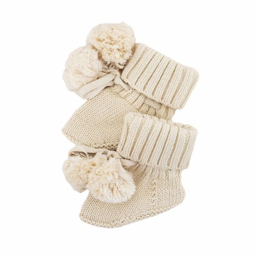 Knit Pom Pom Baby Booties | Sand | Newborn