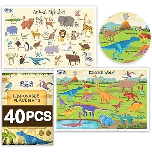 40 Pack Waterproof Disposable Placemats for Baby, Place mats for Kids, Toddler - Kids Placemats for Dining Table Tyke, Restaurants, and Travel (Dinosaur and Animal Alphabet Theme)