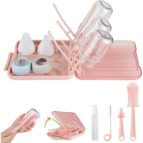 Baby Bottle Brush Set-6 in 1 Bottle Brush Cleaner with Silicone Bottle Brush,Drying Rack,Nipple Brush,Straw Brush,Soap Dispenser&Storage Box-Baby Essentials Gifts for Home&Travel(Pink)
