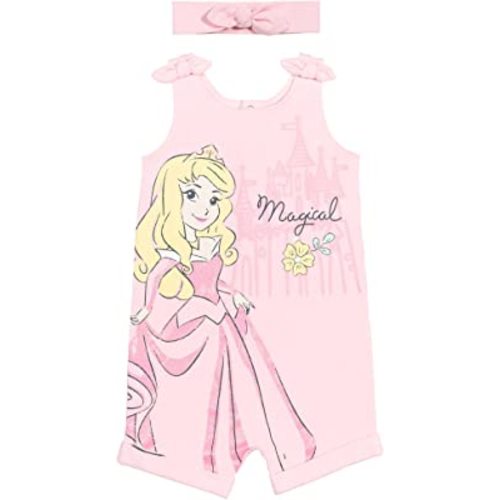 Disney Princess Rapunzel Ariel Belle Jasmine Aurora Baby Girls Snap Romper and Headband Newborn to Toddler