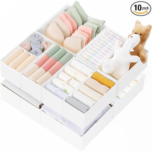 Criusia Drawer Organizer Clothes, 10 Pack Dresser Organizer for Baby Clothes, Underwear, Sock- Foldable Closet Organization and Storage Dividers Bins for Nursery, Bedroom (White)