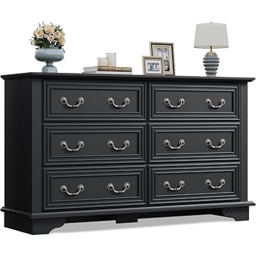 WLIVE Farmhouse Dresser for Bedroom, 51.97'' Wide Wood 6 Drawer Dresser, Chest of Drawers with Roman Metal Handle, TV Stand for 60 inch TV, for Living Room, Hallway, Black