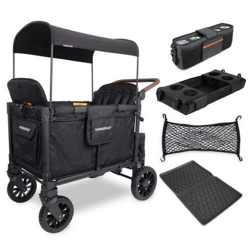 WonderFold W4 Luxe Pro (4 Seater) Stroller Wagon + Essentials Bundle - Jet Black