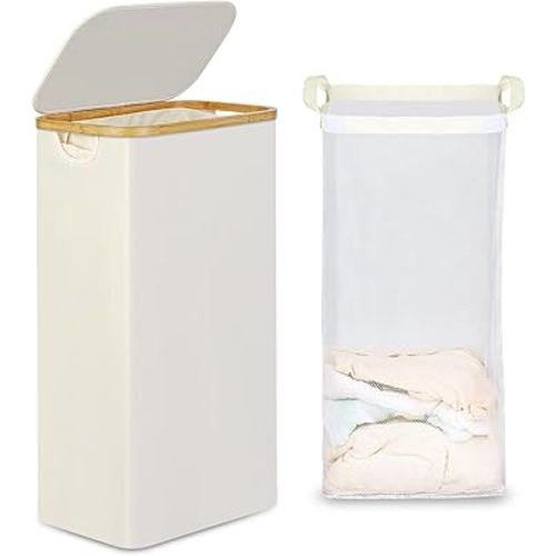 efluky Slim Laundry Basket with Lid, Narrow Laundry Hamper with Removable Bag, Skinny Dirty Clothes Basket with Bamboo Handles for Bathroom, Bedroom & Laundry Room, 75L Beige