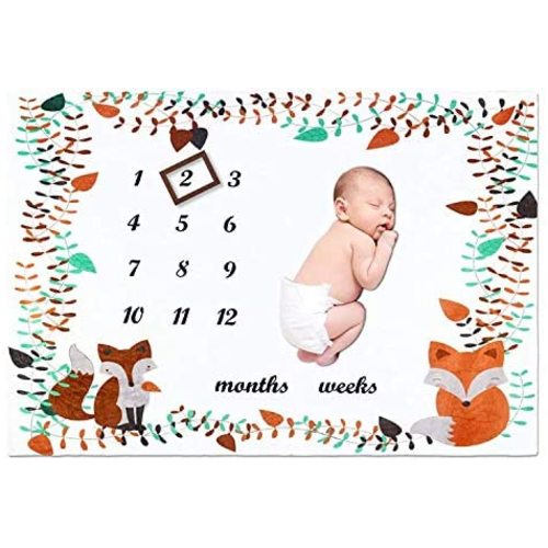 Fox Baby Milestone Blanket Boy Girl, Large 60x40 Inch Fleece Weekly Monthly Milestone Blanket Photography Props - Baby Shower Newborn New Moms Gift (2 Frames Included)