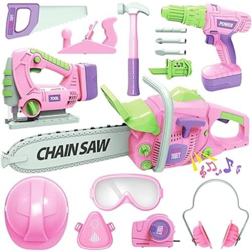 Kids Tool Set with Electric Toy Drill Chainsaw Jigsaw Toy Tools for Girl, Realistic Kids Power Construction Pretend Play Tools Set Toddler Toys Playset Kit for Toddler Boy Girl Kid Child Tool Toy Pink