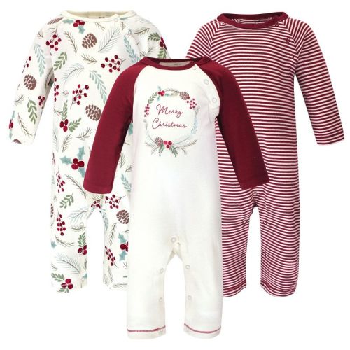 Touched by Nature Baby Girl Organic Cotton Coveralls 3pk, Holly Berry, 0-3 Months