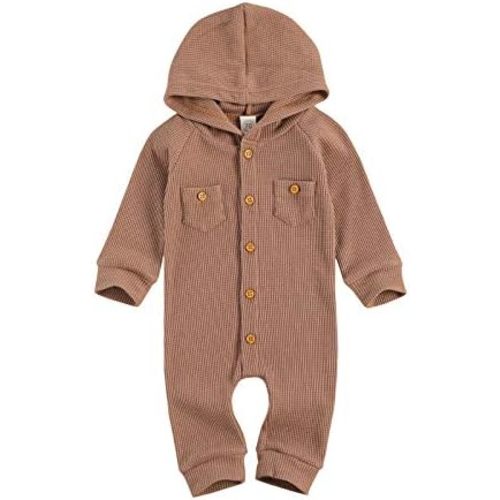 Ynibbim Winter Newborn Baby Boy Girl Solid Romper Unisex Infants Hooded Outfit Clothes Waffle Cotton Button Jumpsuits