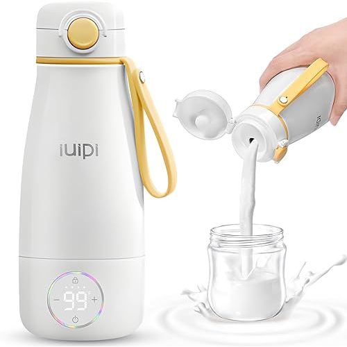 Portable Milk Warmer for Travel, 12oz Large Capacity Baby Bottle Warmer for Formula & Breastmilk, Fast Heating Milk Warmer on The Go wth Child Lock,Precise Temp Control (White/Yellow, Large)