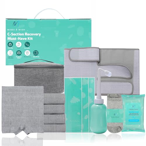 Mama & Wish® C-Section Recovery Kit Must Haves - Postpartum Essentials 12-Piece Set with Belly Binder, No-Shower Wipes, Silicone Scar Patches, Peri Bottle, Underwear, Grip Socks & Toiletry Bag