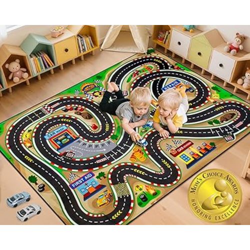 Kids Rug, Race Track Baby Play Mats, 4x6 Ft Kids Rug for Playroom,Extra Thick (0.4in) Realistic 3D Cascading Surround Route, Great for Playing with Cars and Toys, Non-Slip Car Carpet