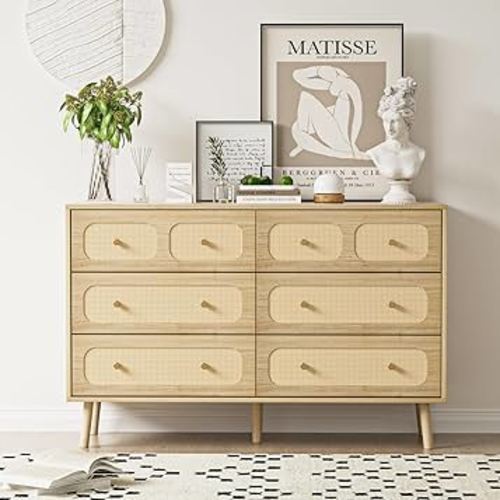 Rattan 6 Drawer Dresser for Bedroom, Wood Boho Double Chest of Drawers with Storage and Gold Handle, Modern Natural Rattan Dresser for Living Room, Kids Bedroom, Hallway, Entryway