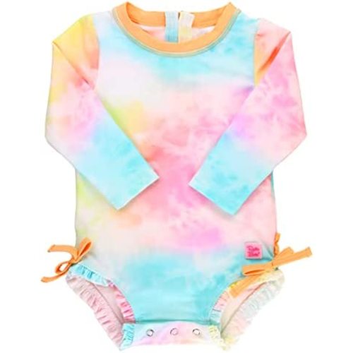RuffleButts Baby Girls UPF 50+ Sun Protection Novelty Print Long Sleeve One Piece Rash Guard Swimsuit with Zipper