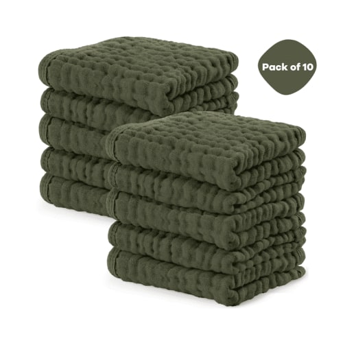 Comfy Cubs Baby Washcloths, Muslin Cotton Baby Towels, Large 10”x10” Wash Cloths (Kelp, Pack of 10)