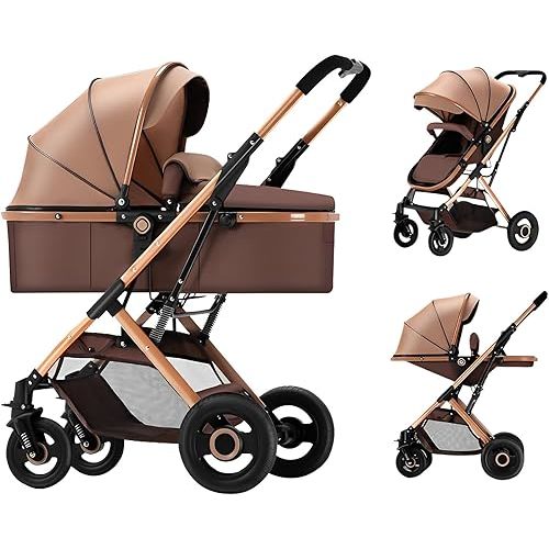 2 in 1 Convertible Baby Stroller Lightweight Stroller Newborn Reversible Foldable Pushchair with Adjustable Canopy Folding High Landscape Infant Carriage, Anti-Shock Toddler Pushchair