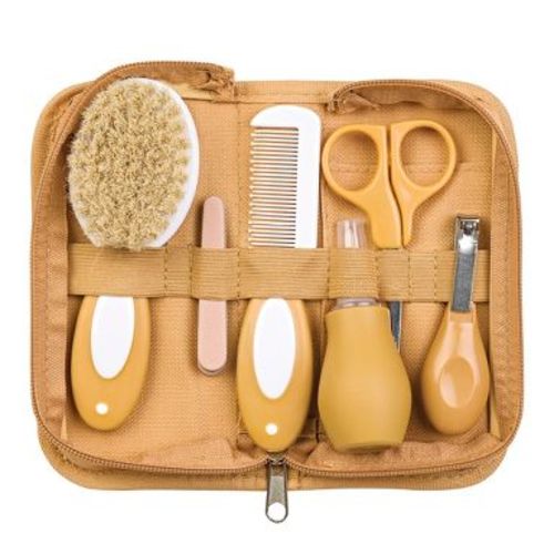 SARO Mustard Yellow Baby Grooming Kit: Complete Newborn Care Set with Natural Brush & Travel Bag