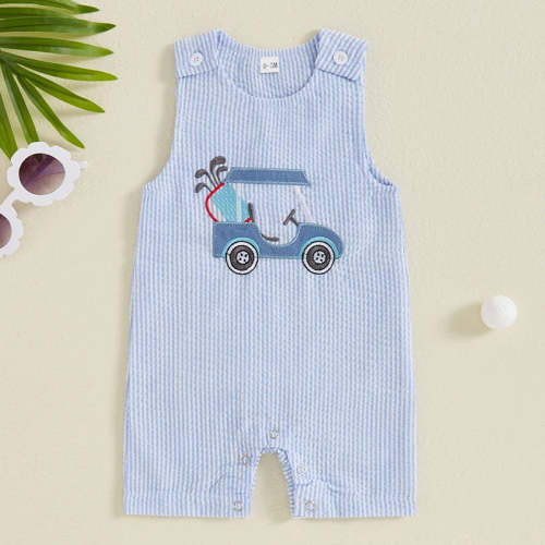 Baby Boys Jumpsuit Sleeveless Crew Neck Striped Embroidery Golf Cart Summer Romper