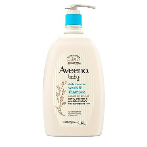 Aveeno Baby Daily Moisture Gentle Bath Wash & Shampoo with Natural Oat Extract, Hypoallergenic, Tear-Free & Paraben-Free Formula for Sensitive Hair & Skin, Lightly Scented, 33 fl. oz - 33 Fl Oz (Pack of 1)