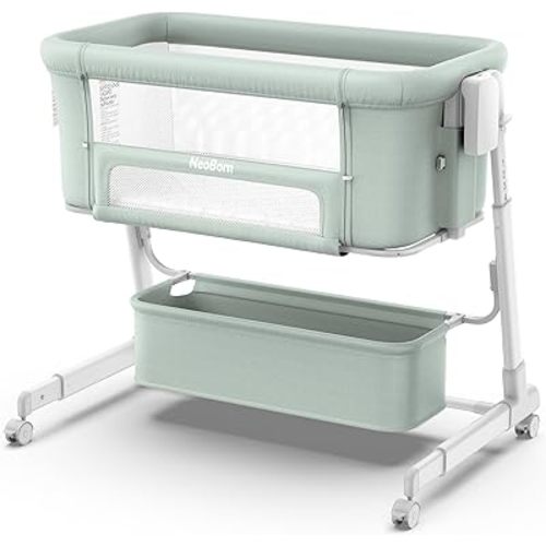 NeoBorn 4 in 1 Baby Bassinet, Bedside Bassinet with Breathable Mesh Design, 7 Height Adjustable Rocking Bassinet, Crib with Comfy Mattress and Wheels for Newborns, Green