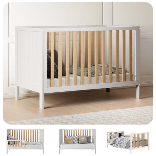 HARPPA 5-in-1 Convertible Baby Crib for Infant to Toddler, White + Natural