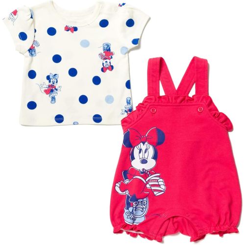 Disney Minnie Mouse Winnie the Pooh Baby Girls French Terry Short Overalls and T-Shirt Newborn to Infant