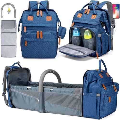 KABAQOO Diaper Bag Backpack, Large Baby Diaper Bags for Boys Girls, Baby Bag with USB Charging Port, Multifunction Waterproof Travel Back Pack for Moms Dads, Blue