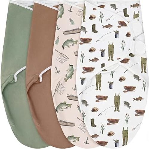 CroBlissful 4 Pack Fishing Swaddles for Newborns Cotton Adjustable Sleep Swaddle for 0-3 Months Infant Baby Boys Girls Breathable Soft Newborn Wrap Wearable Blanket Improves Sleep