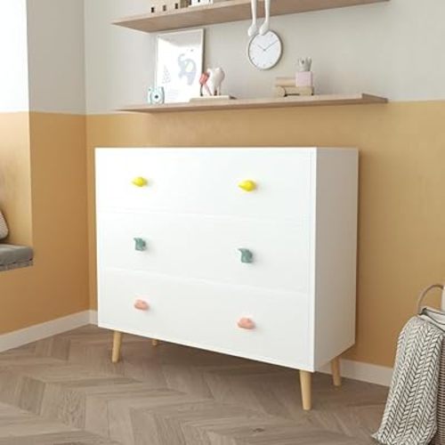 Modern Nightstand with 3 Drawer, Wooden Bedside Table for Kids Room, Toddler Childs Storage Cabinet with Euro Glides, Safety Anti-Tip Design, Easy Assembly, Colorful Finish, 2025 Upgrade (White)