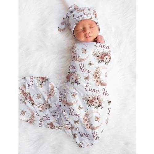 BABY GIRL FLORAL Boho Moon Swaddle Blanket, Custom Baby Swaddle Set, Pink Flowers Moon Baby Blanket, Personalized Boho Floral Newborn Gift
