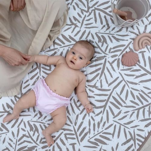 Toddlekind Pretty Practical Mat 100% Organic Cotton 47" x 47”, Reversible, Portable, Travel, Indoor/Outdoor, for Babies/Toddlers, Sandy Lines-Ocean Leaves-Tan (Taupe)