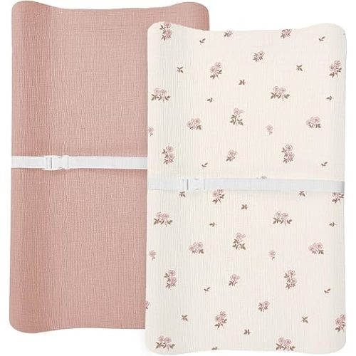 Changing Pad Cover for Baby Boy Girl 2 Pack, Muslin Changing Table Pad Covers with Boho Style, Neutral Nursery Bedding Essentials Soft and Breathable (Flower G & Pink)
