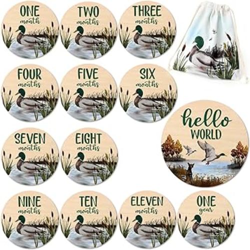Huray Rayho Duck Cards Mallard Baby Wooden Disc Marker Mallard Duck Nursery Gift Hunting Card Birth Stat Sign Birth Start Sign Photo Prop
