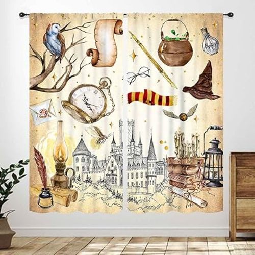 Witchy Magic Curtains,Gothic Magical Vintage Castle Bookshelf Wizard Owl Boys Girls Teen Bedroom Living Room Bathroom Window Treatments Halloween Decor Drapery 2 Panels,42X45 Inch