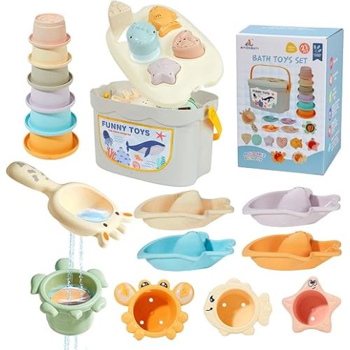 Bath Toys, 21PCS | Montessori Toys for Babies with Shapes for Sorting Play & Stacking Cups | Bath Boats & Spoon with Storage Container | Educational & Mold Free Bathtub Water Toys for Toddler Gifts