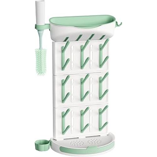 Momcozy DIY Larger Bottle Drying Rack for 18 Bottles, Space Saving Countertop Vertical Rack with Brushes Holder, Detachable Travel Bottle Rack for Baby Accessories & Pump Parts
