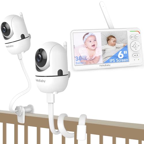HelloBaby Baby Monitor 2 Cameras with Crib Clip Mount & 20 inch Flexible Mount, 6'' IPS Split-Screen, No WiFi, 30H Battery, Cry Alert, 2-Way Audio, Night Vision Pan-Tilt-Zoom, 1000ft Range, for Twins